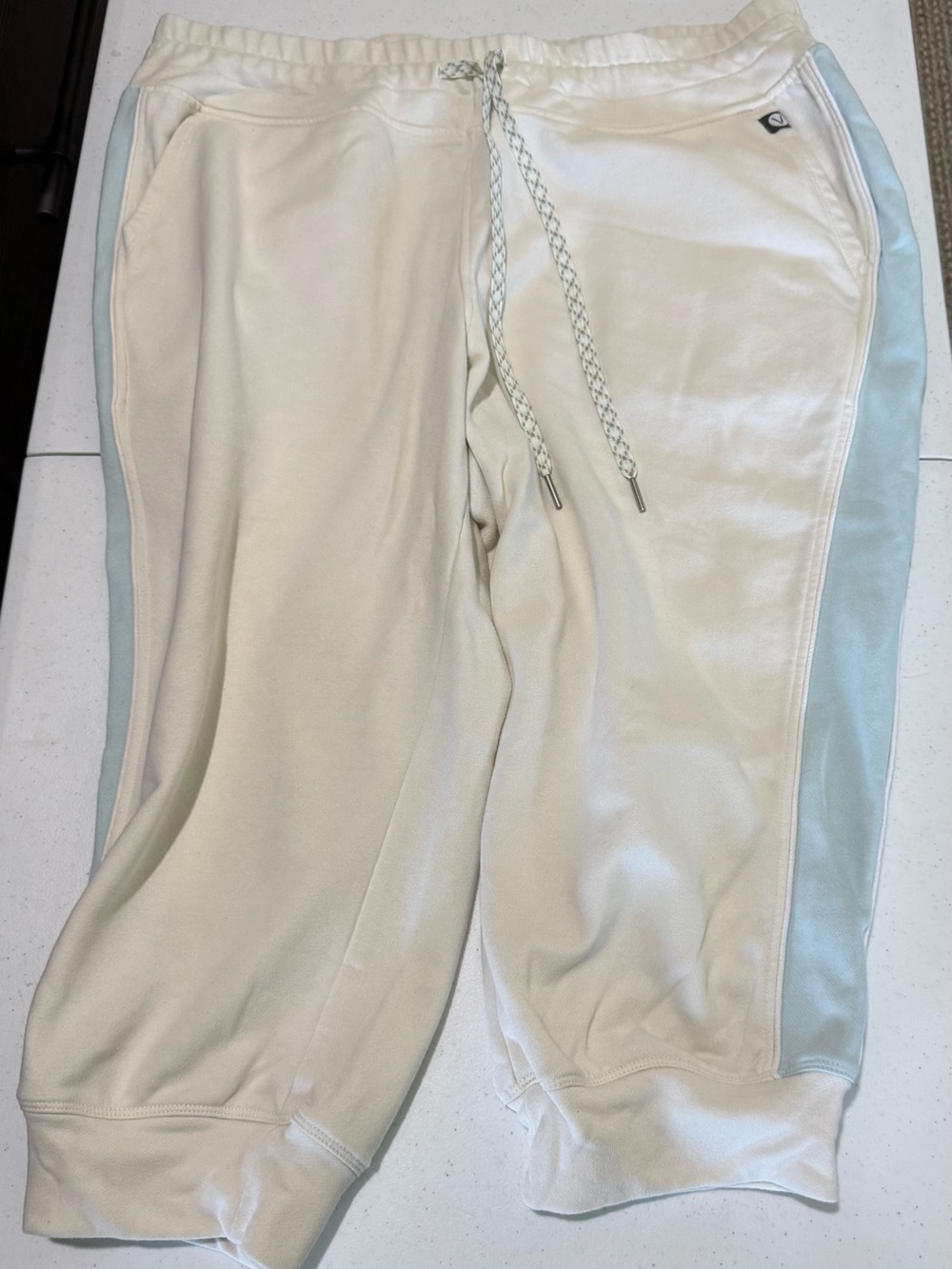 Lane Bryant Cream Crop Sweatpants with Light Blue Side Stripes Livi